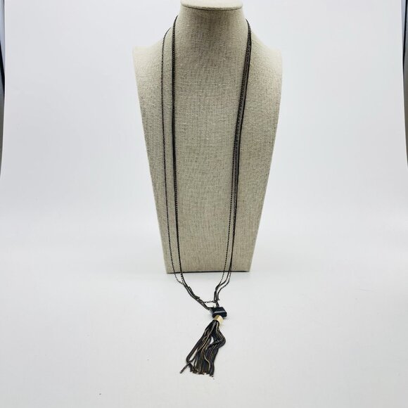 Long Layered Chain Necklace Black Beads Brass Tone Tassel Signed LOFT OUTLET - Picture 8 of 8